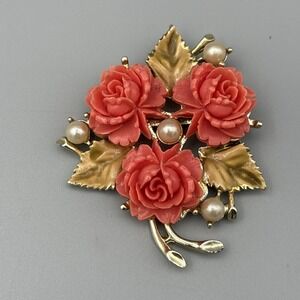 Vintage Faux Coral Salmon Celluloid Plastic Carved Rose  Pearl Brooch‎ 2.25"